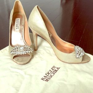 Bridal/formal peep toe gold leather jeweled pump